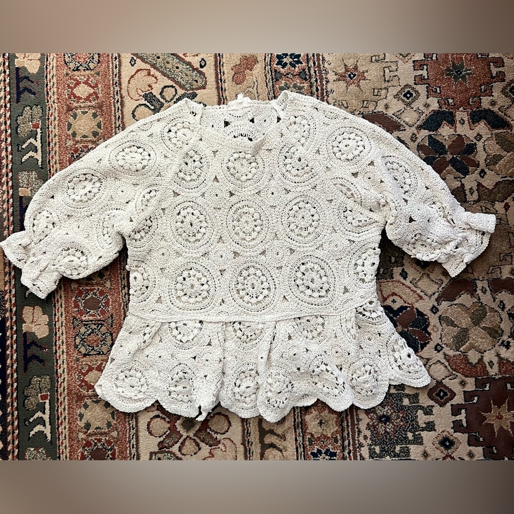 Crochet Peplum Sweater Top with Puff Sleeve - Cream